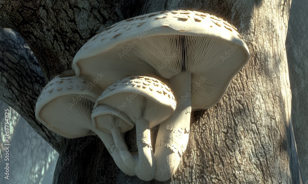 Poster close-up view of three mushrooms growing on a tree trunk in a serene forest setting