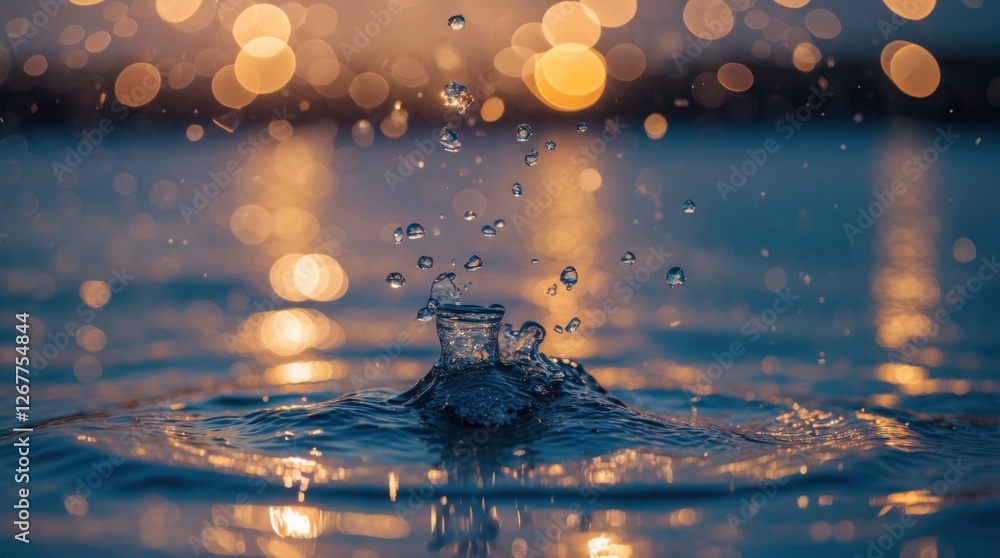 Poster water splash with droplets captured in a serene lake during sunset with bokeh light reflections and 
