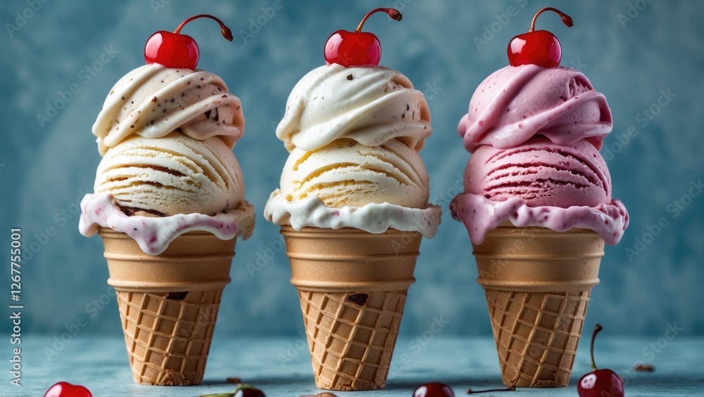 Poster three colorful ice cream cones with cherries on top arranged in a row on a textured blue background 