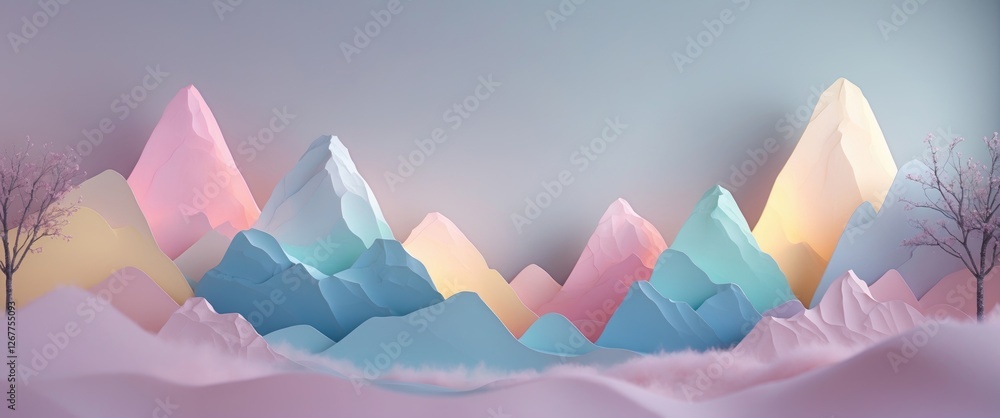 Aufkleber pastel colored paper mountains with soft textures and minimalistic trees in a creative landscape com
