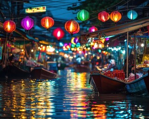 Obraz premium A floating market during Songkran, glowing boats exchanging water splashes, reflections of neon lanterns on the river