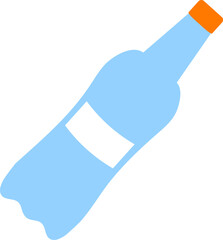 Minimalist vector illustration of a light blue plastic bottle with orange cap and blank white label lying down diagonally over a white background
