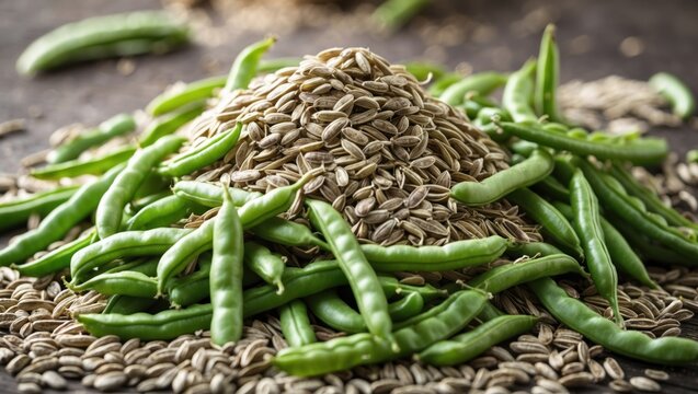 Green beans and cumin seeds arranged together on a rustic surface making a textured background with Copy Space