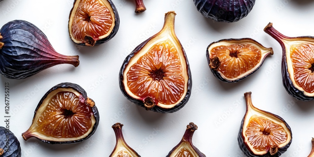 Poster dried figs arranged on a white background displaying their unique textures and colors with copy spac