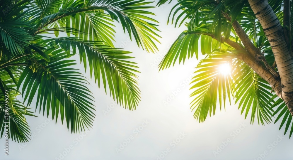 Poster tropical palm tree leaves with sunlight filtering through, creating a natural frame, soft background
