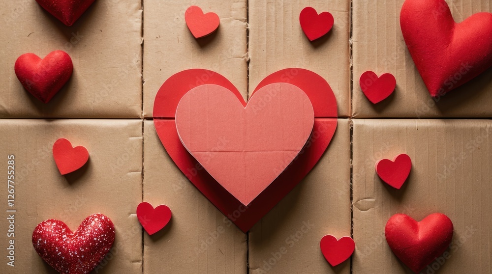 Poster red hearts of various sizes arranged on a brown cardboard background with a central large heart shap