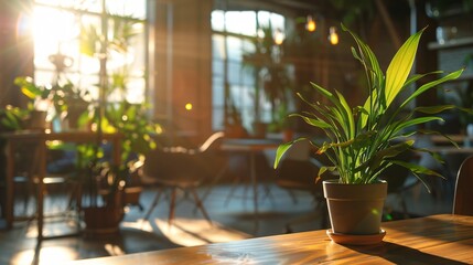 Sunlit Workspace Background with Green Potted Plant on Wooden Table