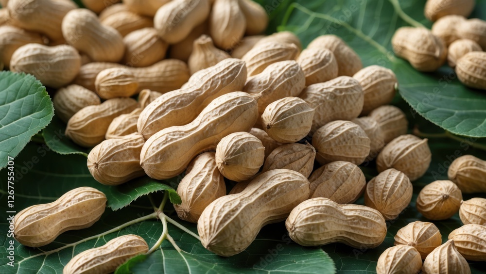 Poster raw unshelled peanuts arranged on green leaves with a natural background and ample copy space for te