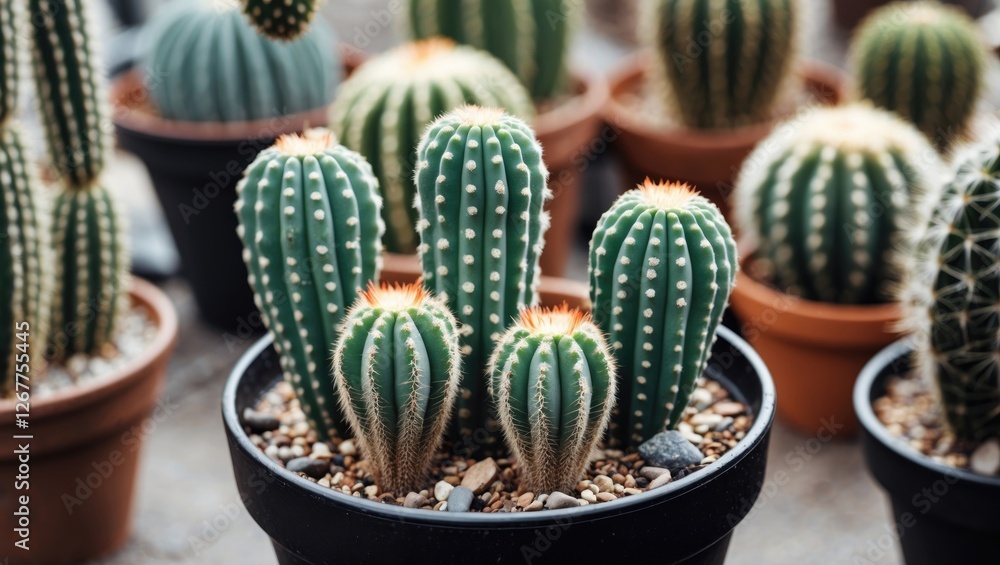 Poster cacti in decorative pots arranged in a green house setting with natural light and copy space for tex