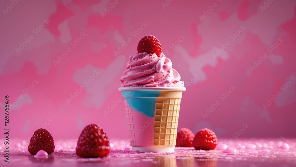 Poster ice cream cone with raspberry swirl and fresh raspberries on pink background with copy space.