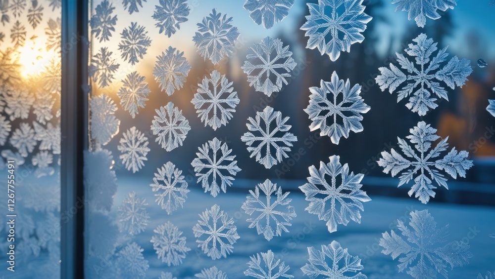 Poster frosted window with intricate snowflake patterns and sunrise reflection in the background showcasing