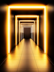 Fototapeta premium Dark Corridor Neon Glow - A mysterious and alluring hallway bathed in warm orange and white neon lights, symbolizing mystery, technology, pathway, future, and progress