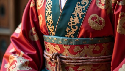 Luxury court noble attire featuring richly patterned silk robes in royal colors with delicate embroidery, evoking elegance of Yamato aristocracy