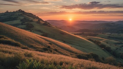Sunset over rolling hills with lush grass and distant mountains under a colorful sky, scenic landscape nature view, Copy Space