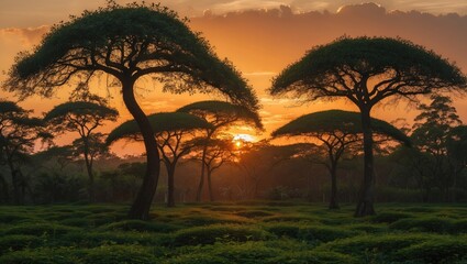 Sunset over silhouette of acacia trees in lush green landscape with dramatic sky and warm light, natural scenery Copy Space