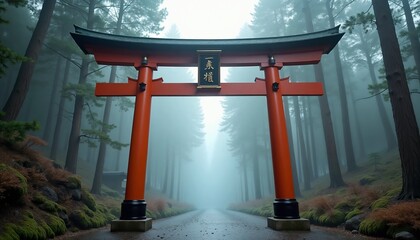 Ornate Shinto torii gate symbolizing entrance to the sacred, featuring majestic vermillion structure set against a misty forest background