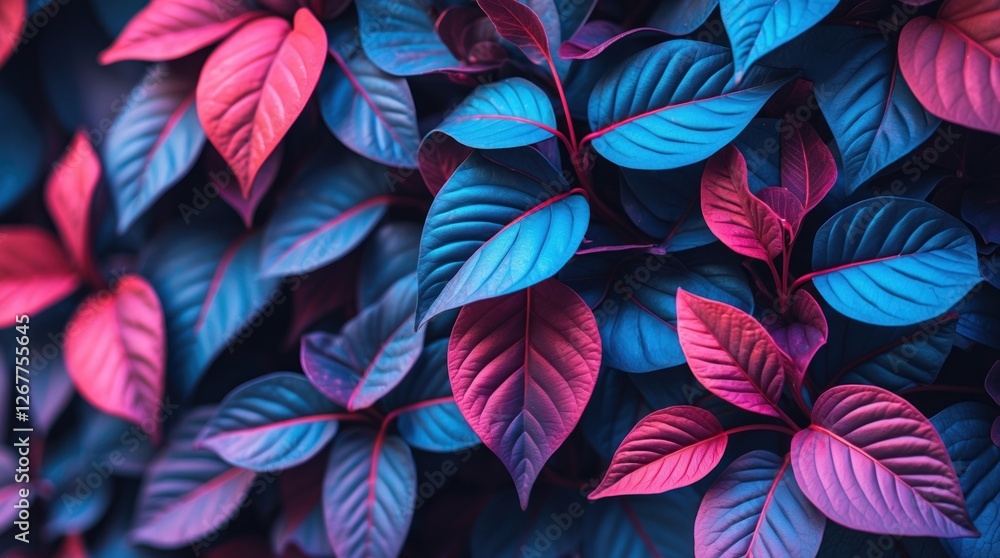 Poster vibrant close-up of mixed foliage with blue and pink leaves creating a colorful abstract pattern sui