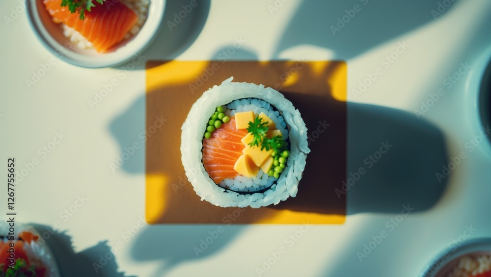 Poster sushi with salmon and vegetables arranged on a plate with creative shadows and soft lighting copy sp