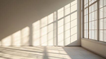 Obraz premium Modern Minimalist Interior with Sunlit Large Windows and Geometric Shadows – Embrace the Tranquility of Contemporary Design