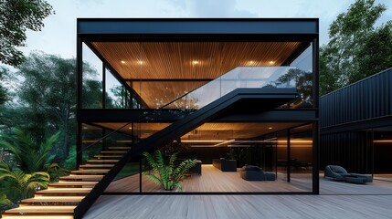 Futuristic twostory container living space with warm wooden textures, smart lighting, and innovative modular design