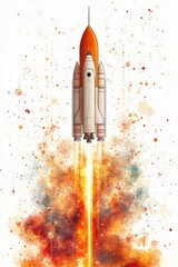 Rocket soaring through a galaxy filled with stars and colorful patterns in vibrant tones