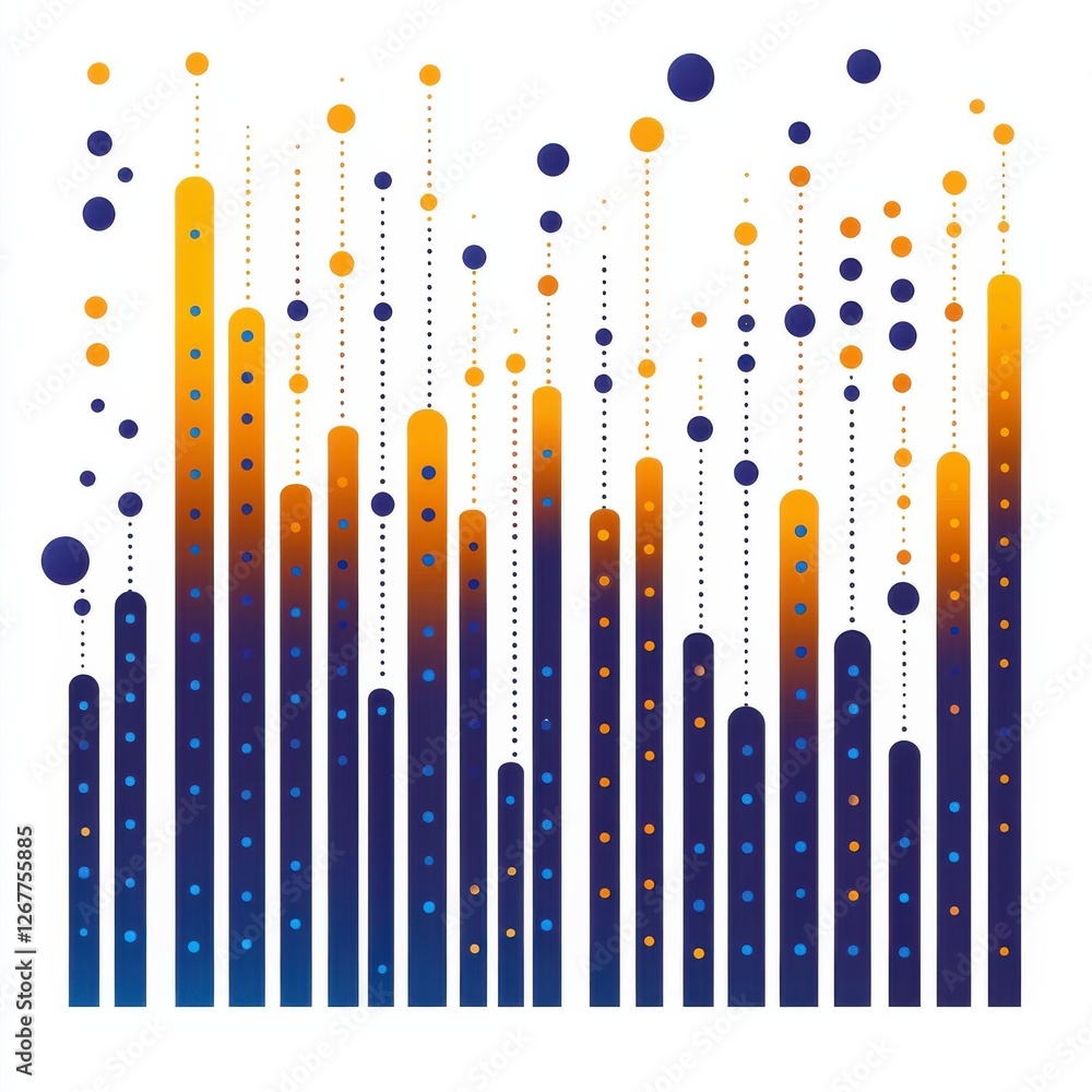 Poster a vibrant, abstract design featuring vertical bars and circles in blue, orange, and yellow gradients