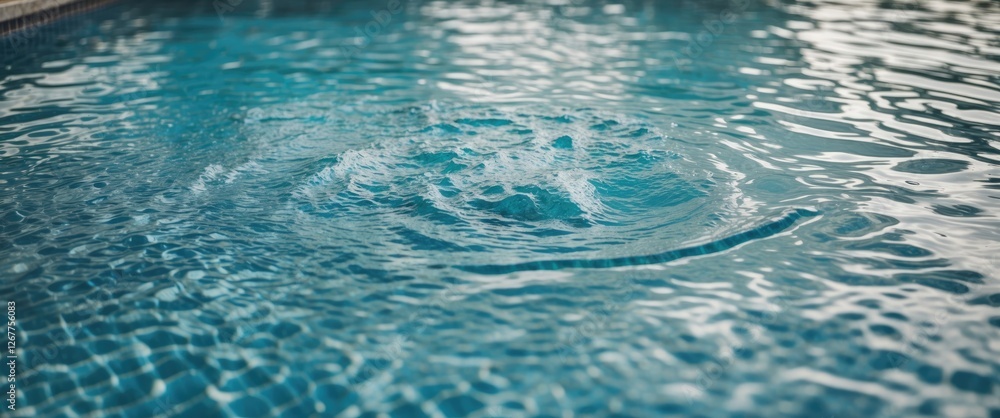 Poster ripples in a swimming pool with clear blue water reflecting light and creating patterns on the surfa