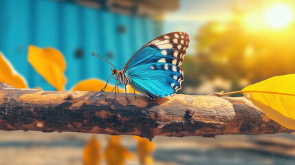 A stunning butterfly rests gracefully on a branch, showcasing its brilliant blue wings against a warm, glowing background. This moment captures the essence of transformation and inspiration