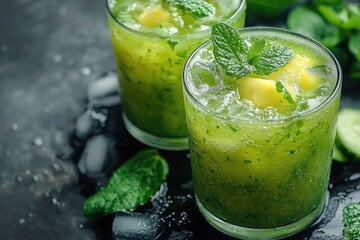 Fototapeta premium Refreshing cucumber pineapple mint summer cocktail with ice cubes