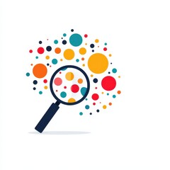 A colorful magnifying glass is surrounded by vibrant dots and circles, symbolizing exploration, discovery, and analysis.