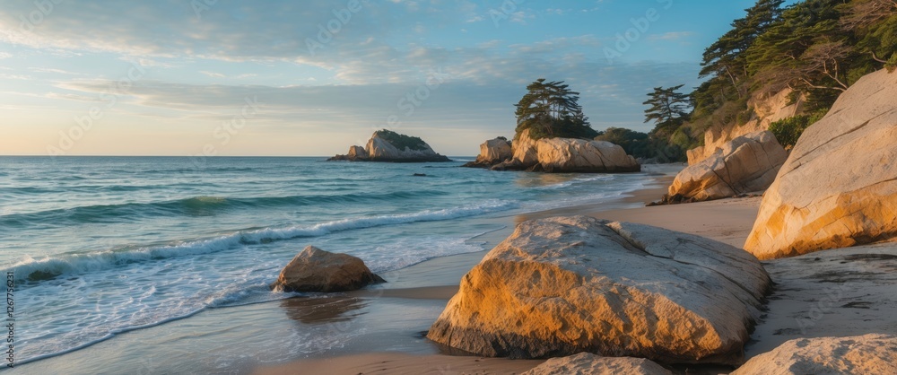 Poster coastal scenery with large rocks on sandy beach during sunset with gentle waves and distant trees in