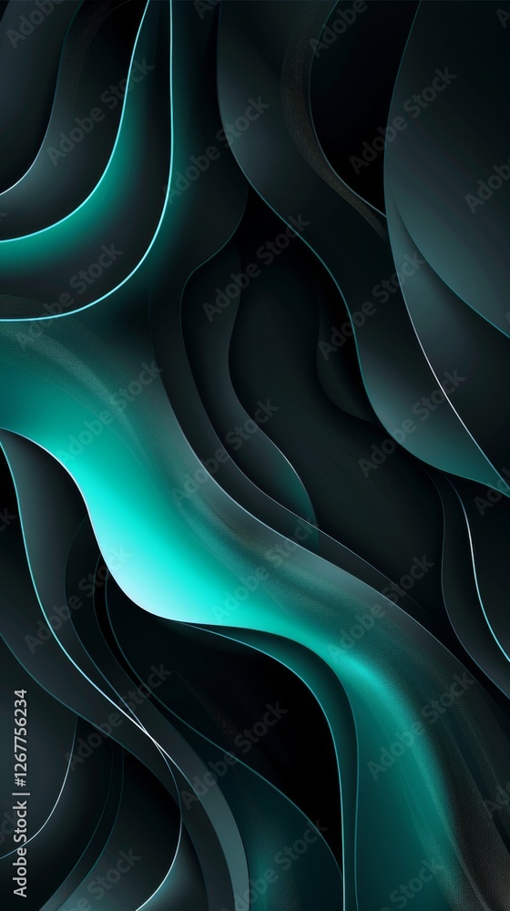 Poster fluid curves create a mesmerizing visual effect in a dark background with hints of teal and turquois