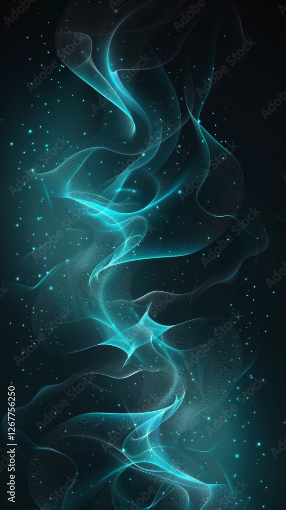 Poster ethereal blue and teal abstract wave patterns with glimmers of light in a dark space