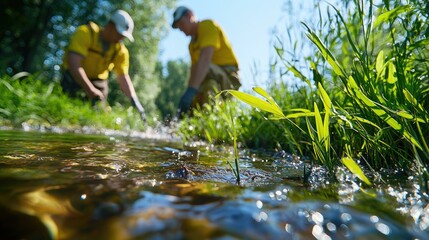 Two volunteers in yellow shirts carefully working in a stream, engaging in environmental conservation through water sampling, while surrounded by lush greenery and the sound of flowing water.