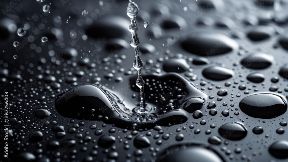 Poster close-up of water droplets on a glossy black surface with a splash effect creating ripples and refle