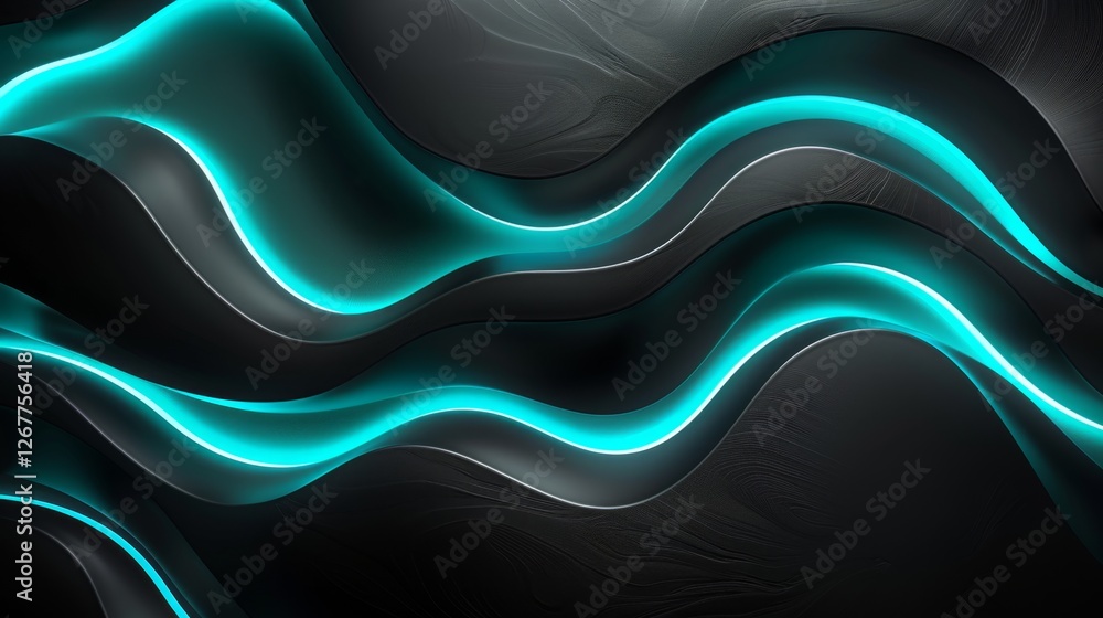 Poster wavy neon lines create a striking visual pattern on a dark background with smooth textures and glowi