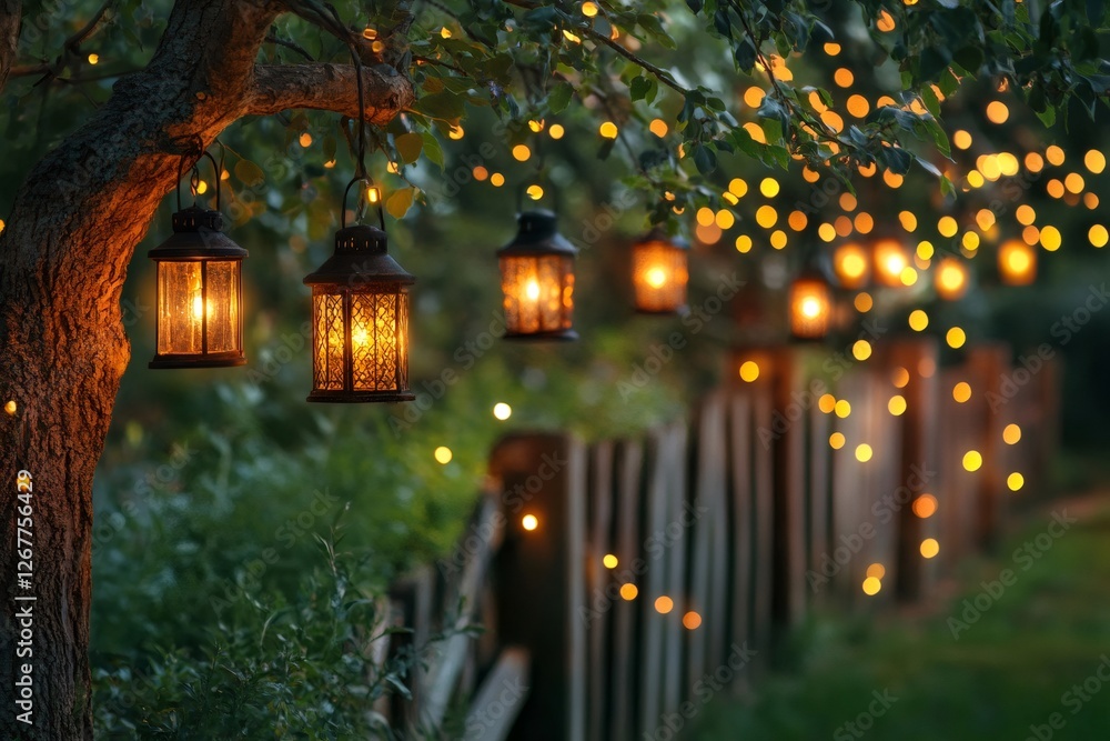 Poster lanterns and string lights creating a magical garden atmosphere