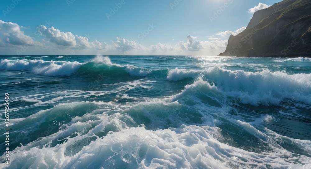 Poster ocean waves crashing against rocky cliffs under a bright sky with fluffy clouds and sunlight creatin