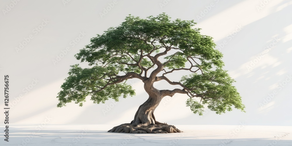Aufkleber lone tree with thick trunk and lush green leaves in minimalist setting with soft light and shadows c