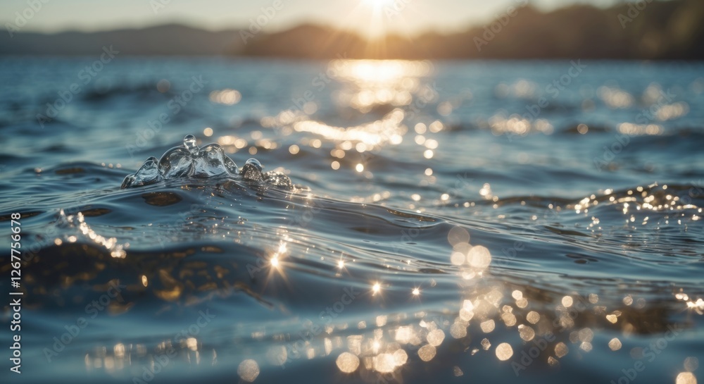Poster rippling water surface with sun reflections creating bokeh effect during golden hour nature scene co