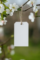 A white tag hangs from a tree branch. The tag is empty and has no writing on it. Concept of emptiness and loneliness, as the tag is hanging alone on the tree branch