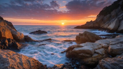 Sunset over rocky coastline with waves crashing against boulders and warm colors in the sky reflecting on the ocean surface Copy Space