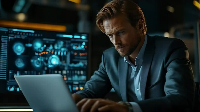 A man working on laptop seriously in the technology  industry company
