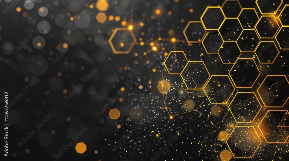 Poster abstract geometric pattern with hexagons and glowing particles in black and gold colors