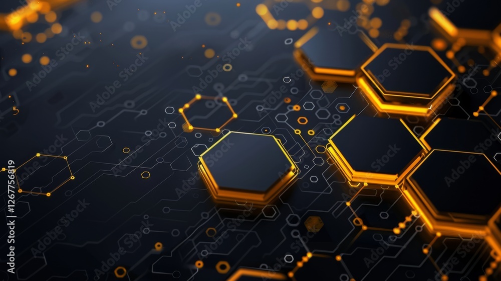 Poster hexagonal patterns with orange accents illuminating a dark network of connections and technology con