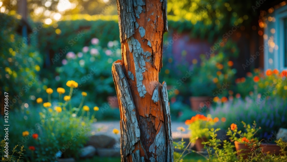 Poster weathered tree trunk in a garden with colorful flowers and soft evening light creating a serene atmo