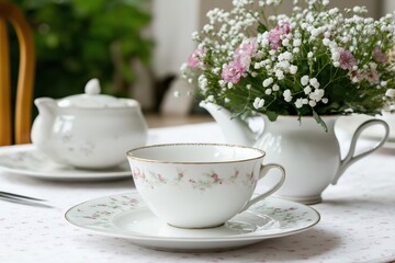 Fototapeta premium A white tea set with a pink flower vase on a table. The table setting is elegant and inviting