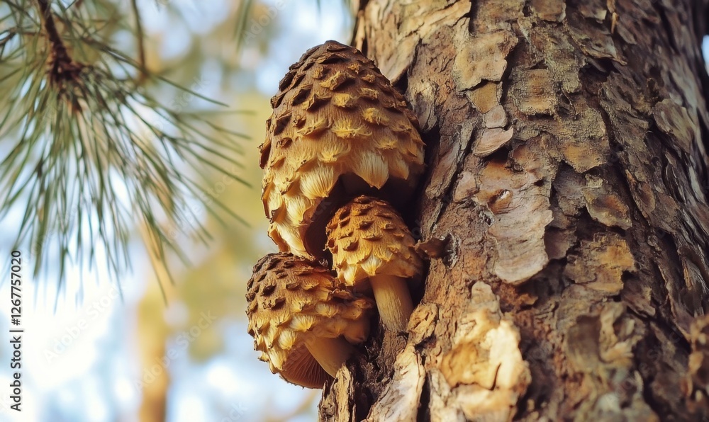 Poster cluster of pine-cone-like mushrooms growing on a tree trunk in a serene forest setting