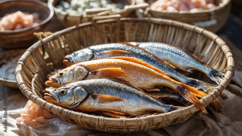 Poster freshly caught fish displayed in a wicker basket with various seafood in the background and natural 