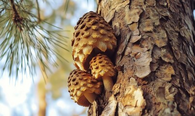 Obraz premium Cluster of pine-cone-like mushrooms growing on a tree trunk in a serene forest setting